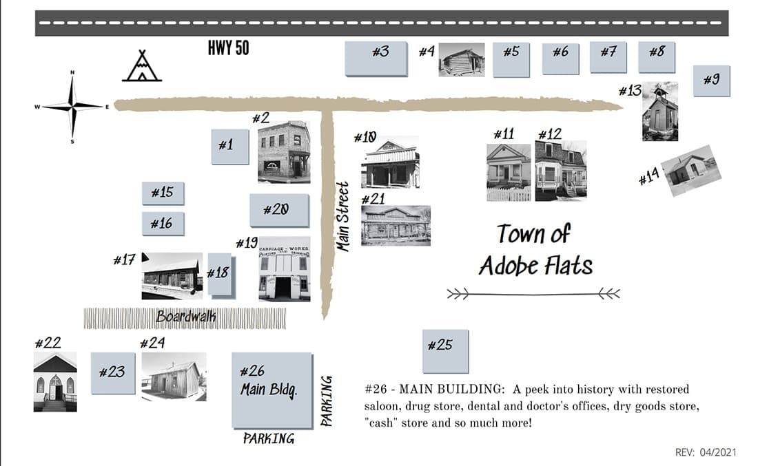 The hand-drawn self-guided tour map of the Town of Adobe Flats: HWY 50 along the top, Main Street, buildings numbered 1 to 26, the Boardwalk and parking by the Main Building